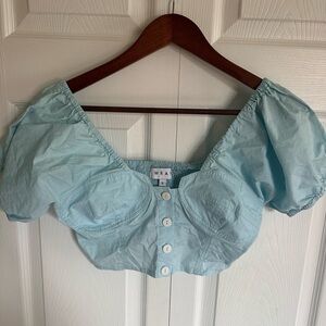 Wray NYC Smocked Sky Blue Puff Sleeve Crop Top Shirt Peasant Milk Maid Small